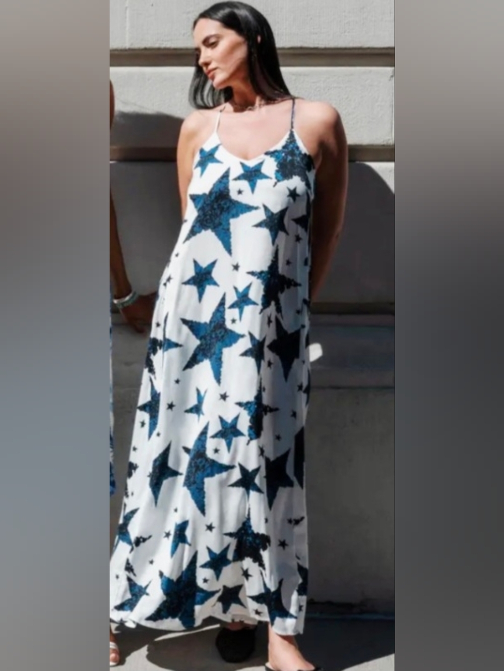 Nicole Miller White & Blue Stars Slip Maxi Dress Size XS
